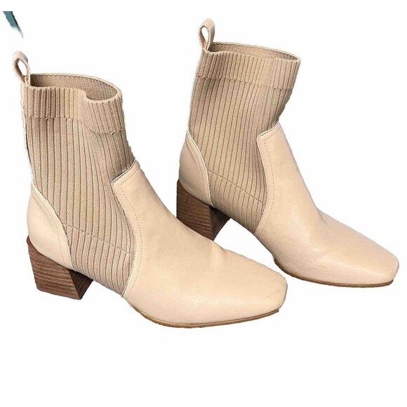 OASIS SOCIETY Geraldine Beige Sock Bootie Leather Stacked Heeled Boot Size 6 - Picture 2 of 11